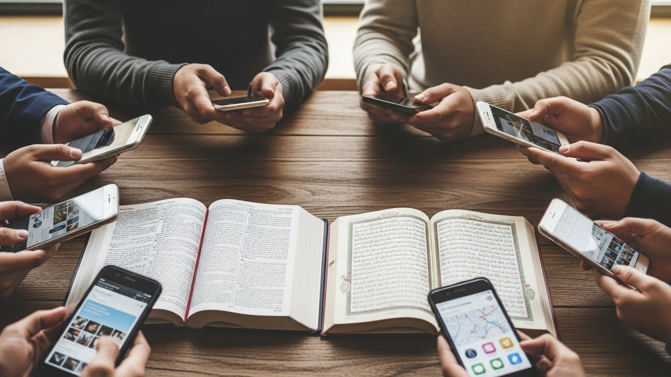Diverse faith community members using smartphones gathered around Bible and Quran representing ethical social media use