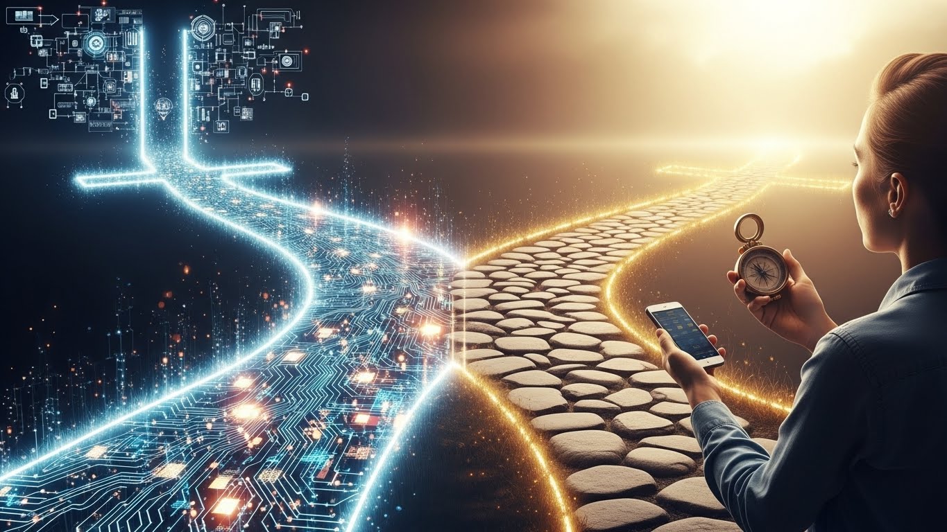 Person choosing between algorithmic control and human free will at a crossroads representing faith-based decision making in AI age