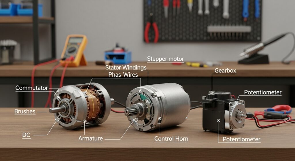 Electric Motors: The Standard Choice DC motors, servo motors, and stepper motors comparison showing different actuator types for robots