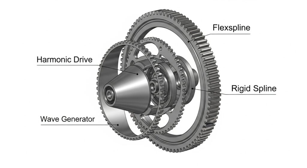 Harmonic Drives: Zero-Backlash Precision Harmonic drive components exploded view showing gear reducer system with zero backlash