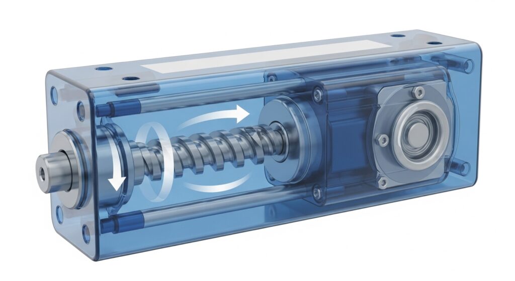 Linear Actuators: Straight-Line Power Linear actuator cutaway showing lead screw mechanism converting motor rotation to straight-line motion