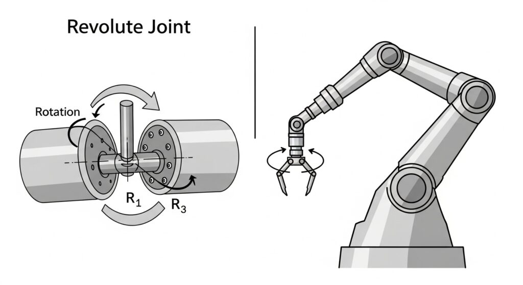 Robot Joints: The Points of Motion Comparison diagram of revolute and prismatic robot joints showing different types of motion