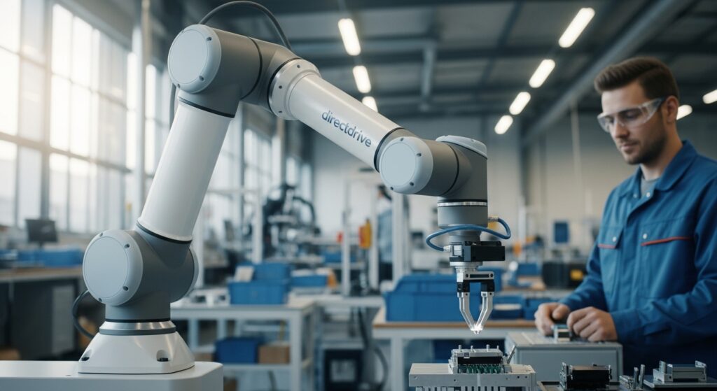 Selecting the Right Hardware Collaborative robot with direct-drive motors demonstrating safe human-robot interaction in manufacturing